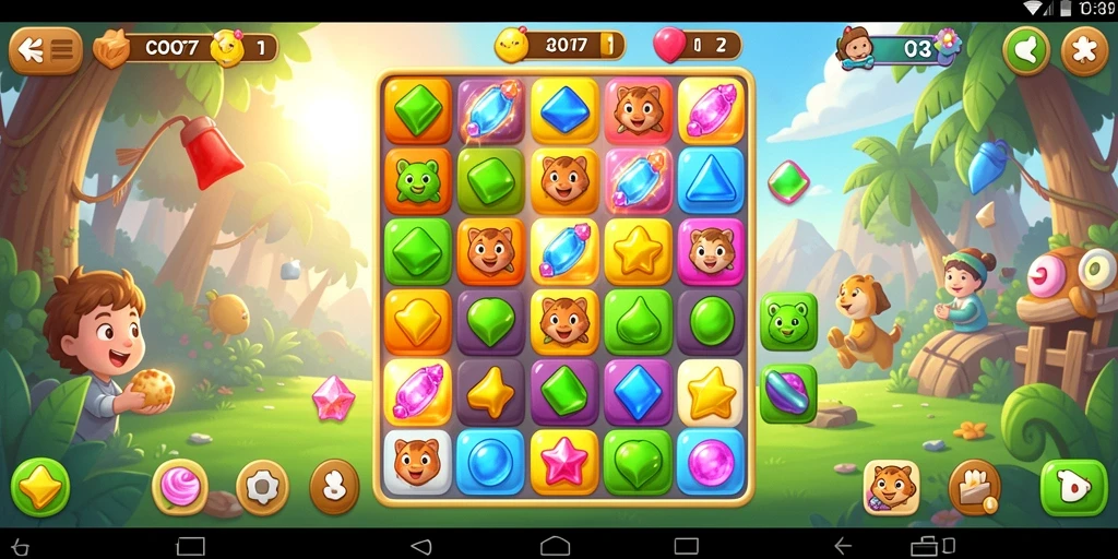 Tangkapan layar gameplay COO77 menampilkan keseruan mencocokkan tiga objek.