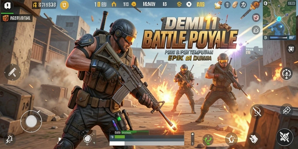 Tangkapan layar utama menampilkan pertarungan intens dalam gameplay Battle Royale.