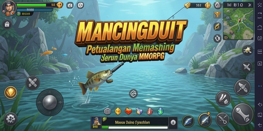 Tampilan menawan dari gameplay MANCINGDUIT saat memancing di pemandangan alam.