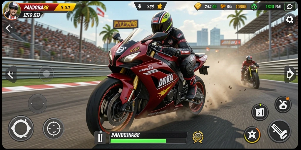 Tangkapan layar gameplay PANDORA88 menampilkan aksi balapan motor yang seru.