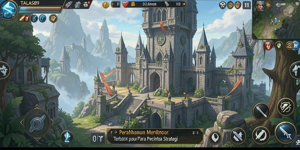 Screenshot gameplay Tower Defense dengan menara yang berfungsi maksimal.