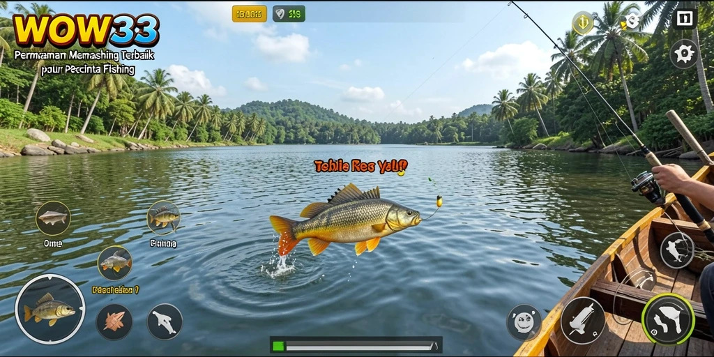 Screenshot utama WOW33 menampilkan gameplay memancing yang seru.